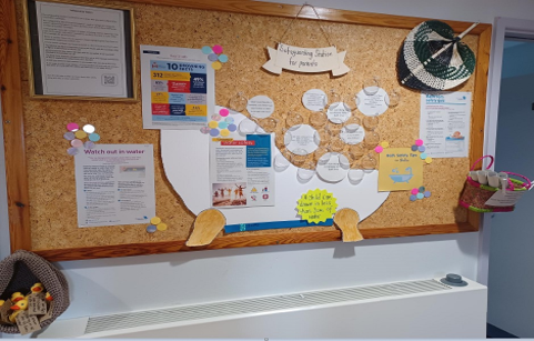 Notice board with a picture of a bath and bubbles containing water safety messages