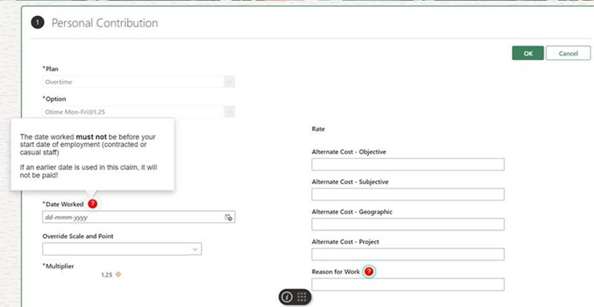 Screenshot of personal contribution window in Oracle Fusion