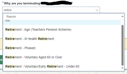 Oracle Fusion screen shot showing retirement drop down list