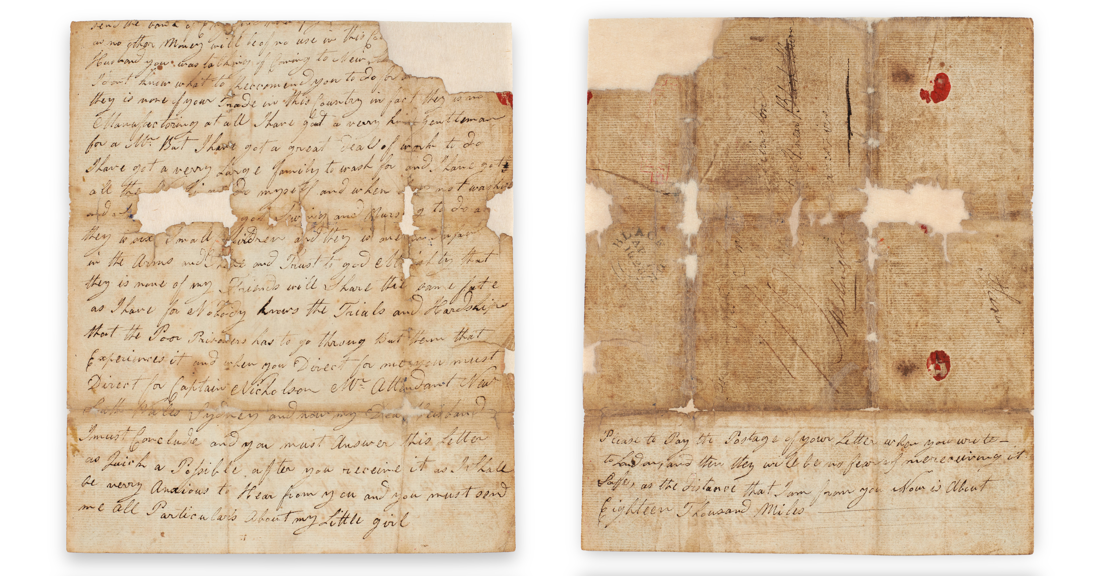 Two sides of an aged and damaged letter