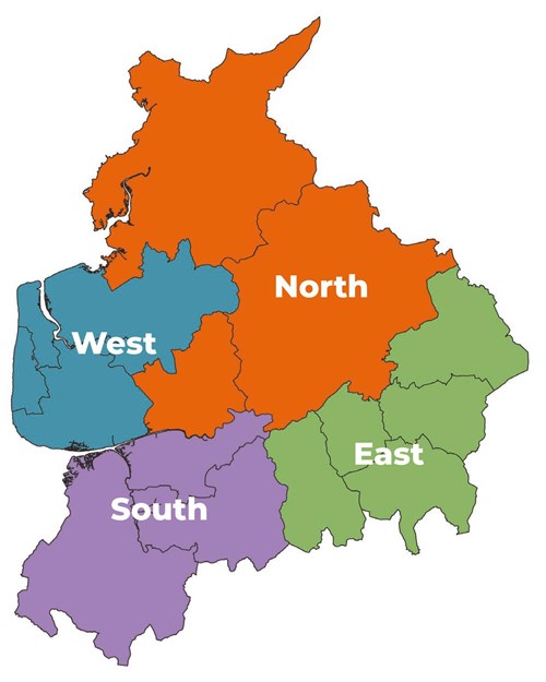 Map of Lancashire split into Coastal Lancashire, Pennine Lancashire and Central Lancashire