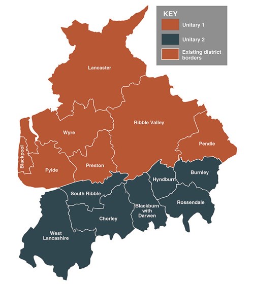 Map of Lancashire split into North and South areas